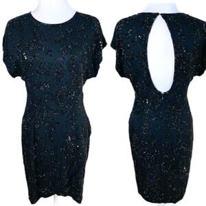 Vintage Black Tie Sz 10 Dress 100% Silk Beaded Black Cut Out Back Cocktail Party